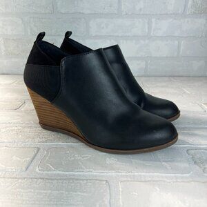 Dr Scholls Ankle Boots 9 Black Leather Wood Wedge Parler Booties Slip On Comfort